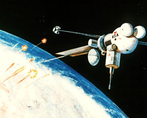 An artist's concept of the interception and destruction of nuclear-armed re-entry vehicles by a space-based electromagnetic railgun