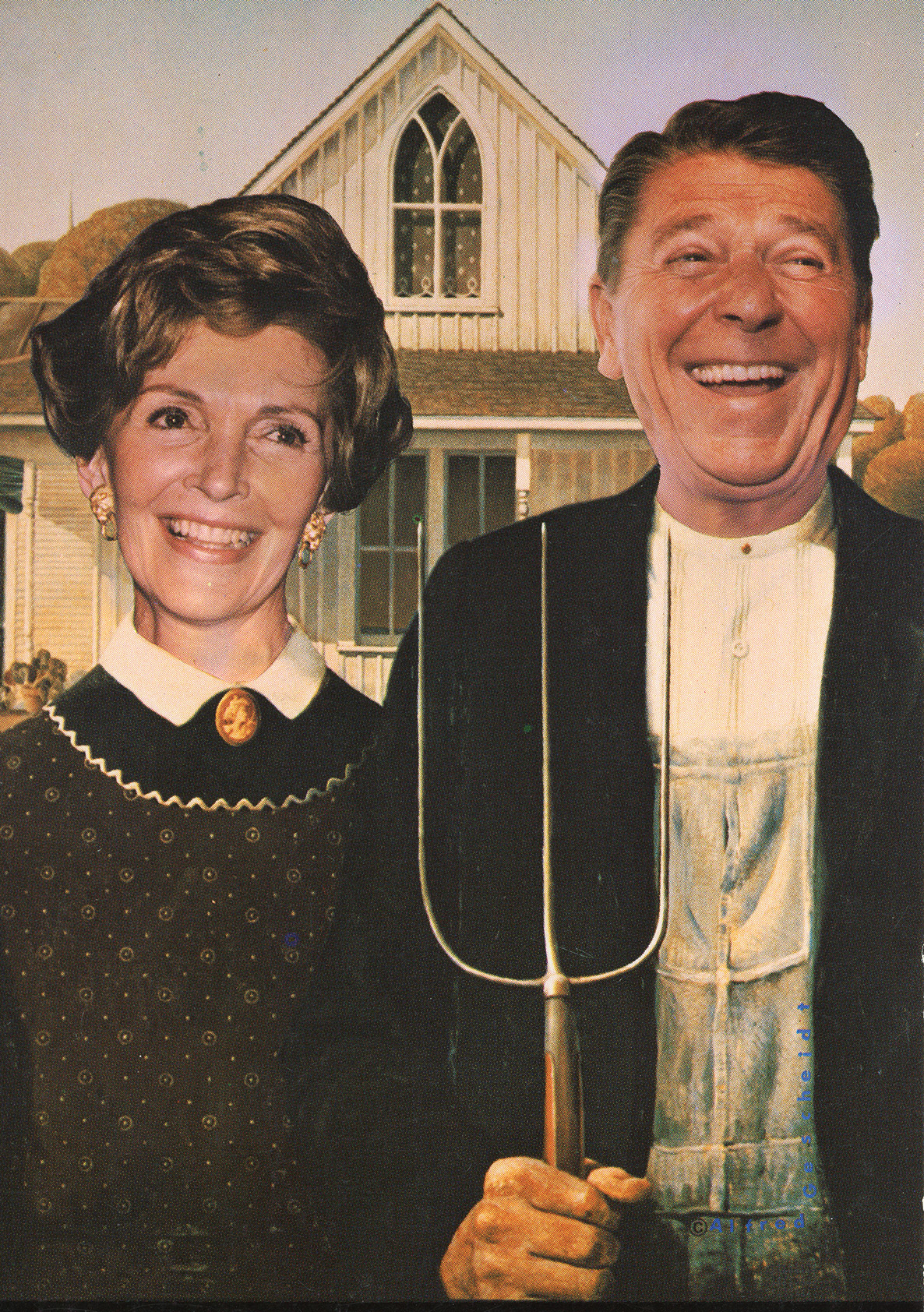 American Gothic Postcard with President Reagan and Nancy Reagan likenesses