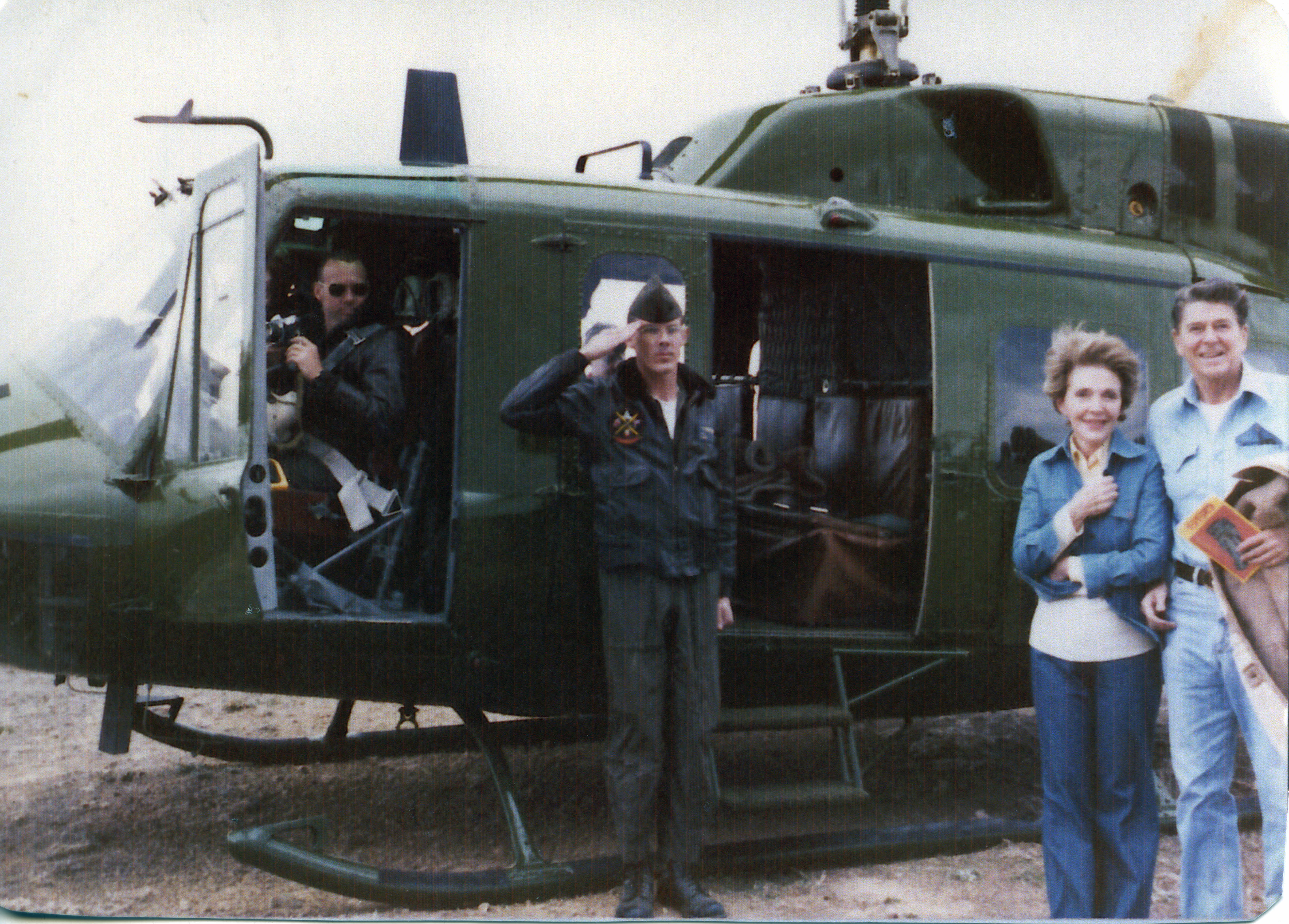 The Reagans posing with Michael Davis at Rancho Del Cielo helicopter landing site