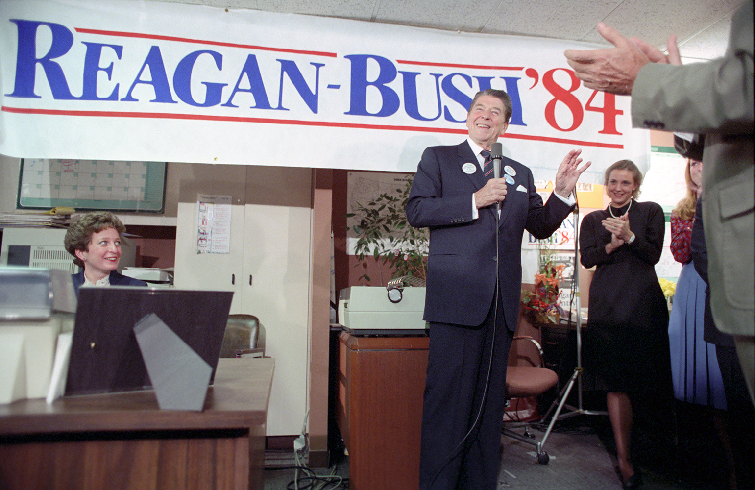 President Reagan speaking at Reagan Bush Campaign headquarters in Washington, DC