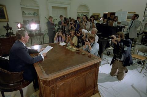 President Reagan Poses for photographs for his Speech to the Nation on Tax and Budget Legislation in 1982