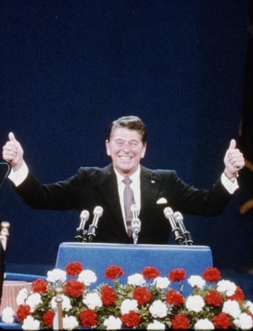 Ronald Reagan gleefully giving his presidential nomination acceptance speech at the Republican National Convention 1980