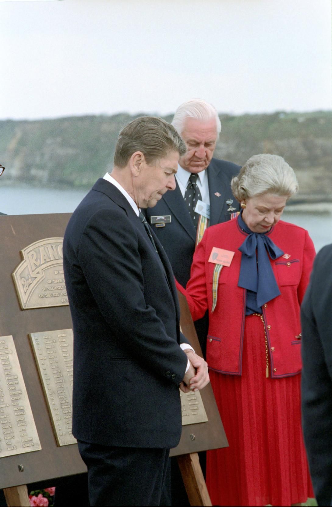 President Reagan, Louis Lisko and Otto Masny during Ceremony at Pointe Du Hoc