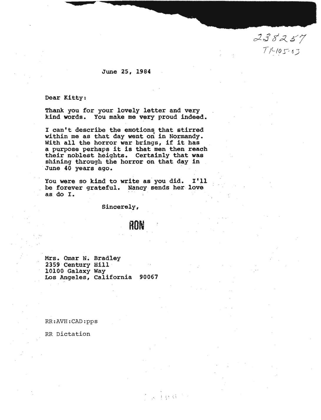 Letter: Reagan to Mrs. Omar N. Bradley re: Thanking "Kitty" for letter and kind words.