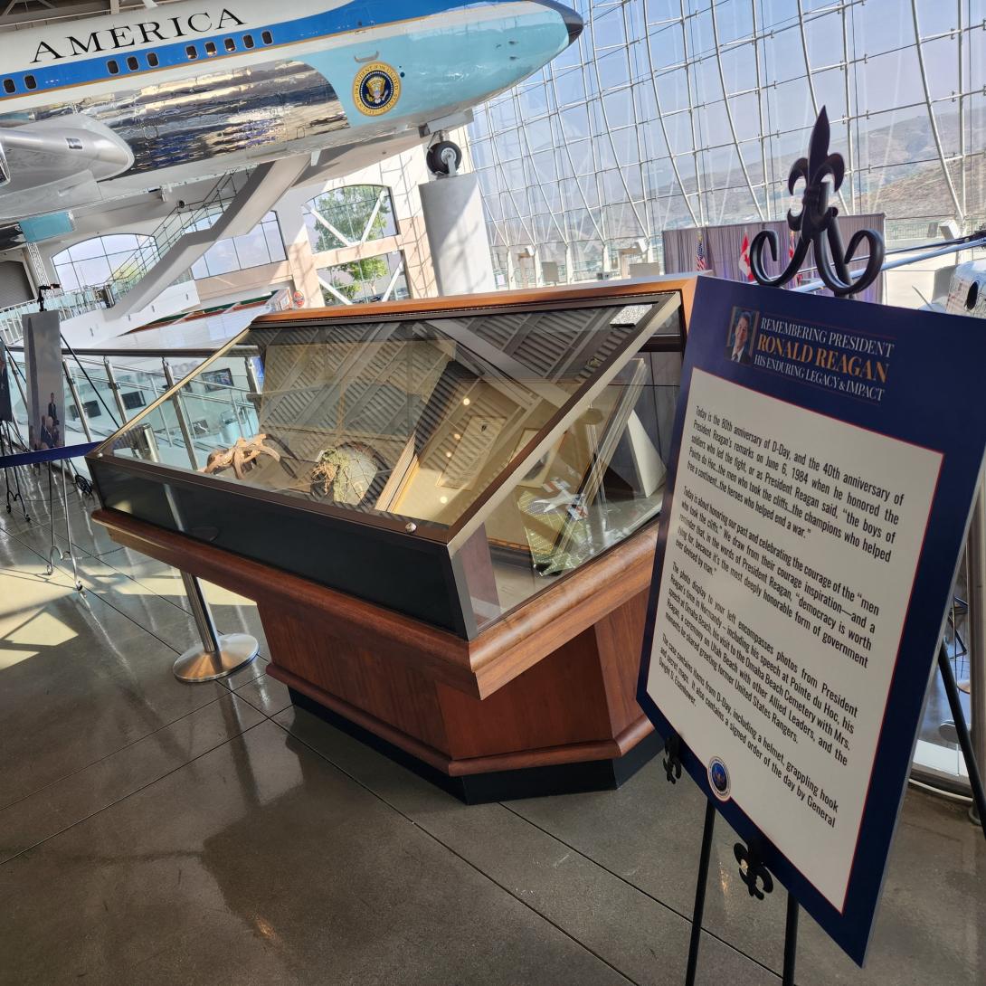 Side view of small exhibit for 80th Anniversary of D-Day in the Air Force One Pavilion at the Ronald Reagan Library 